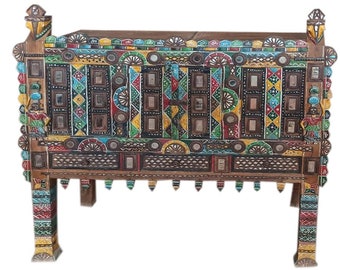 Rustic Colorful Damchiya Console Traditional Style Hand Carved Dowry Chest Mirror Storage Cabinet Accent HALL Table