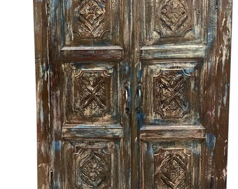 Vintage Indian Artisan Colonial Cabinet, Rustic Carved Blue Hues Armoire, Reclaimed Wood Storage Cupboard