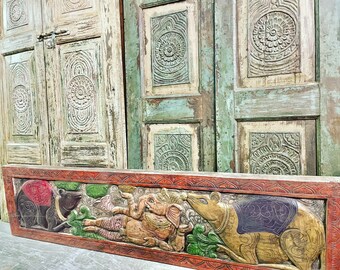 Indian Wall art Sculpture, Ganesha Reclining Carving Panel, Colorful Reclaimed wood wall sculpture, Unique Eclectic