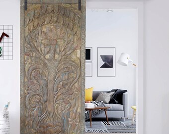 Custom Tree of Life Carved Door, Natures Harmony Barn Door, Kalpavriksha, Vintage Wood Sliding Barndoor, Bold, Eclectic, Organic, 83
