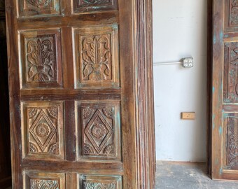 Vintage Blue Carved Indian Door, Diamond Carved Door, 8 Panel Door, Reclaimed Wood, Pantry Door, Sliding Barndoor, Resort Design 84x36