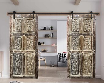 Birds On A Tree Carved Door, Sliding Barn Door, Natural Wood Custom Door, 6 Panel Door, Unique Eclectic Interior Design, 80x36