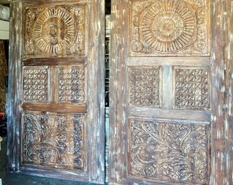 CUSTOM ORDER PAIR of Vintage Wood Carved Barn Door, Floral Carved Doors, Sliding Door, Hanging Door, Rustic Farmhouse, 96X54