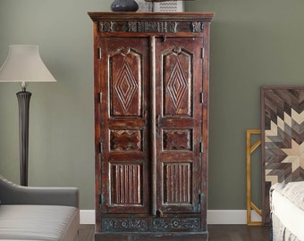 Antique India Carved Cabinet, Indian Armoire, Accent Armoire, Storage, Home Decor, Unique Eclectic Decor, Old Door Armoire, 88x44