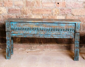 Pushkar Accent Hall Table, Teal Blue Console Table, Beautiful Floral Carving Sofa Table, Vintage Distressed Wooden RUSTIC FARMHOUSE