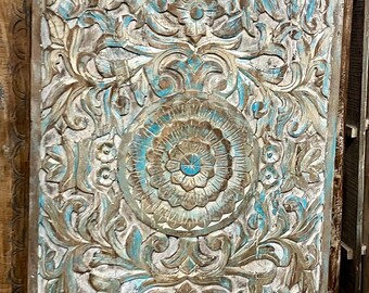 Metallic Blue Accents Carved Door, Sliding Barn Door, Reclaimed Wood lotus Door Headboard, Maximalist, Eclectic, Statement Design 80x36
