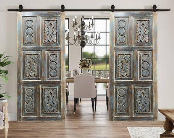 Artistic Carved Sliding Barn Door, Carved Blue Doors, Interior Door, Vintage Organic Door, Barndoor, Custom, Studio, Bedroom Doors 80x36