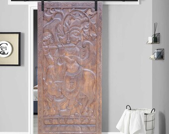 Vintage Carved Door Panel, Krishna Playing Flute with His Cow Panel, Rustic Holistic Elements, Wall Sculpture Art, Custom Barn Door