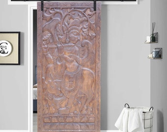 Vintage Carved Door Panel, Krishna Playing Flute with His Cow Panel, Rustic Holistic Elements, Wall Sculpture Art, Custom Barn Door