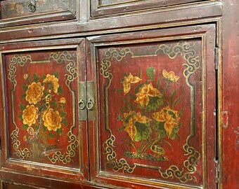 Rustic Reclaimed Wood Storage Chest, Ornate Red Painted Door Sideboard, Cabinet Boho Farmhouse Decor