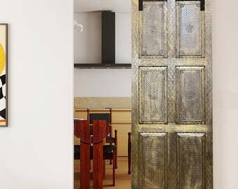 Burnished Brass Cladded Barn Doors, Sliding Track Barn Door, Carved Indian Door Panels, Interior Doors, Moorish, Paneled Bedroom Doors 96