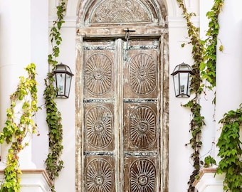 Antique Arched Indian Doors, Rustic Teak Exterior Door, Vintage Carved Door from India, Whitewash Carved Doors, Veranda Garden Door 97x36