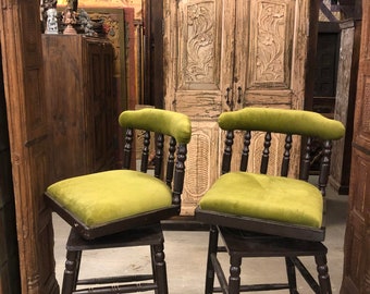 Coastal Barstools, Tropical Bar Stools, Antique Revolving Stools, Original Pair British Colonial Green Chair Farmhouse Rustic Counter Stools