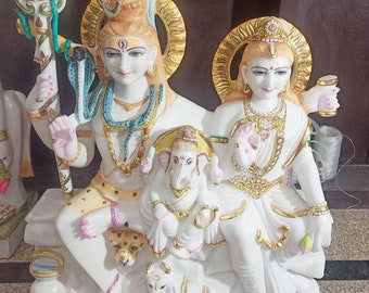 Shiva Hand Crafted Stone Statue, Stone Shiv Parvati Ganesha Statue, Shiva Pariwar Idol, White Shiva, hindu God statue