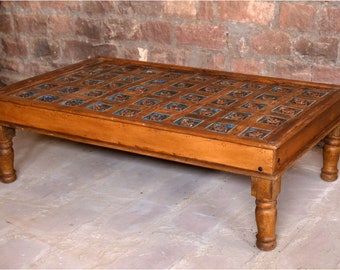 Antique Coffee Table, Hand Carved Embellished Lotus Rustic Wood Chai Tables, Cocktail Table BOHO Interior Design 63x40