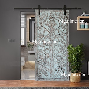 Natures Harmony Doors, Kalpavriksha, Tree of Life Carved Door, Blue Hues Vintage Wood - Sliding Barn Door for Wellness, Wall Art - Studio