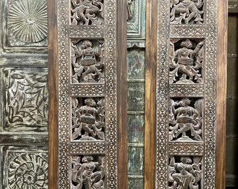 Pair Vintage Radha Krishna Sliding Barndoor, Carved Barn Door, Krishna Playing Flute, Indian Door, Yoga Unique Eclectic