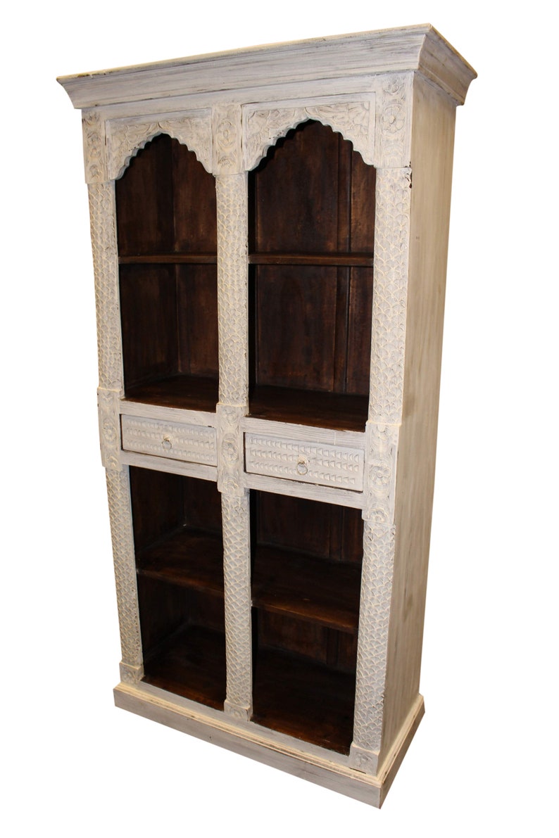 Antique White Dark Brown Indian Style Arch Bookcase Solid Teak Etsy