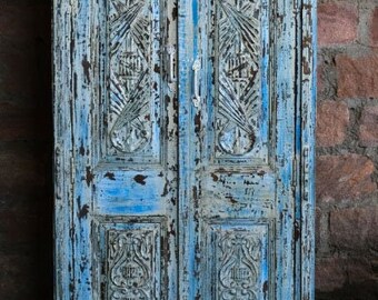 Rustic Vintage Armoire, Blue Accent Cabinet, Reclaimed Wood, Farmhouse, Tall Carved Farmhouse Storage Armoire