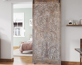 Tree of Life Carved Door, Vintage Wood Barn Door, Sliding Door, Wellness Wall Art, Kalpavrikha India Carved Door, Yoga Room, Temple Decor 96