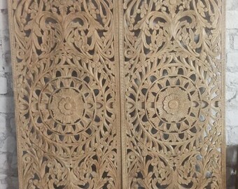 Vintage India Lotus Garden Latticed Carved Sliding Door, Wall Art, Ceiling Panel, Ornate Carved Door Panel, Architectural Design, 80x36