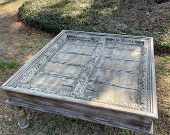 Antique Door Table, Retro Coffee Table, Distressed Gray White Square Table, Living Room Table, Eclectic Decor  45x42