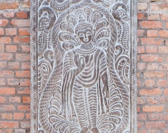 Vintage Dark Tone Standing Buddha Abhaya Mudra Wall Art Hand Carved Wall Panels Wall Art Buddha Relief Panel, Barn Door Sculpture 84X36