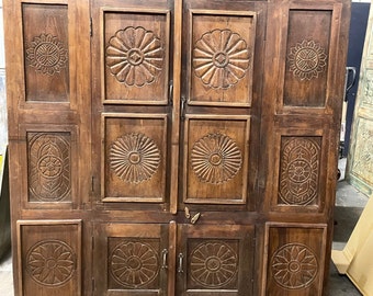 Antique Rustic Carved Armoire, Spanish Style, Natural Teak Elements Cabinet, Unique Eclectic, Ranch Country Farmhouse Cabinet,