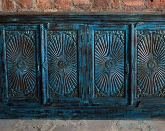 Vintage Rustic Sunrays Carved Blue Sideboard, Chest, Console, Media Chest, Door Reclaimed Wood Handcrafted Buffet Storage Farmhouse Decor