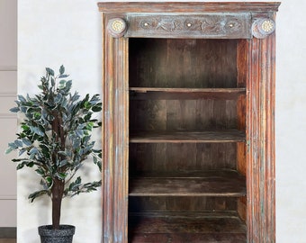 Antique HandCarved Bookshelf, Open Bookcase, Rustic Farmhouse Blue Reclaimed Wood Door frame Bookshelf, Tall Cabinet, Display Shelf 82