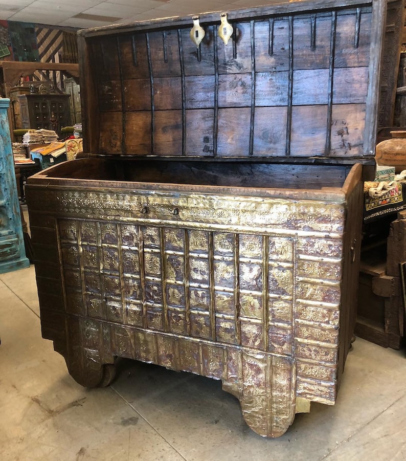 Antique Hope Chest on Wheels Hand Carved Brass Cladded Peacock Etsy