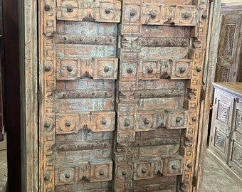 Antique Haveli Door Cabinet, Stunning Blue Rustic Patina, Huge Wine Chest, Accent Armoire, Farmhouse Storage Eclectic Country Design