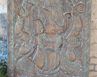 Ganesha Wall Decor Indian Art Hand Carved Wood Vintage Door, Ganesh Art, Doors with a Soul, Yoga Interior Design, New House Gift 72x35