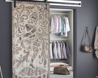 Custom Vintage Marblewash Krishna Indian Door, Carved Fluting Krishna on Lotus, Barndoor, Artistic Temple Door, Studio Barn Door 83X36