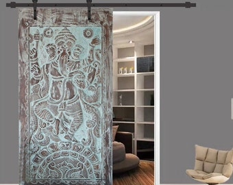 Vintage Blue Ganesha Wall Sculpture, Custom Door, Ganesh Barn Door, Carved Indian Door, Ganesh Wall Sculpture Art, Studio, 83x36