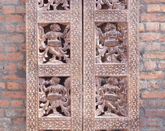 Artistic Sculptures Relief Panel, Rustic Indian Radha Krishna Carved Panel, Hand Carved Wooden Barn Doors, Wall Decor, Interior Decor 72x36