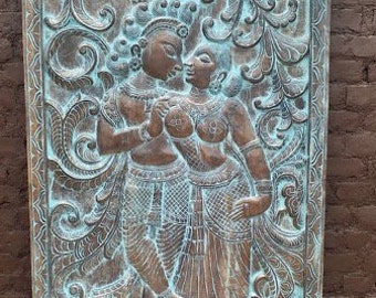 Vintage Wood Door Panel, Krishna Radha Carving Barn Door Panel, Hand Carved Wall Sculpture, Indian Art Panels, Artistic Elements