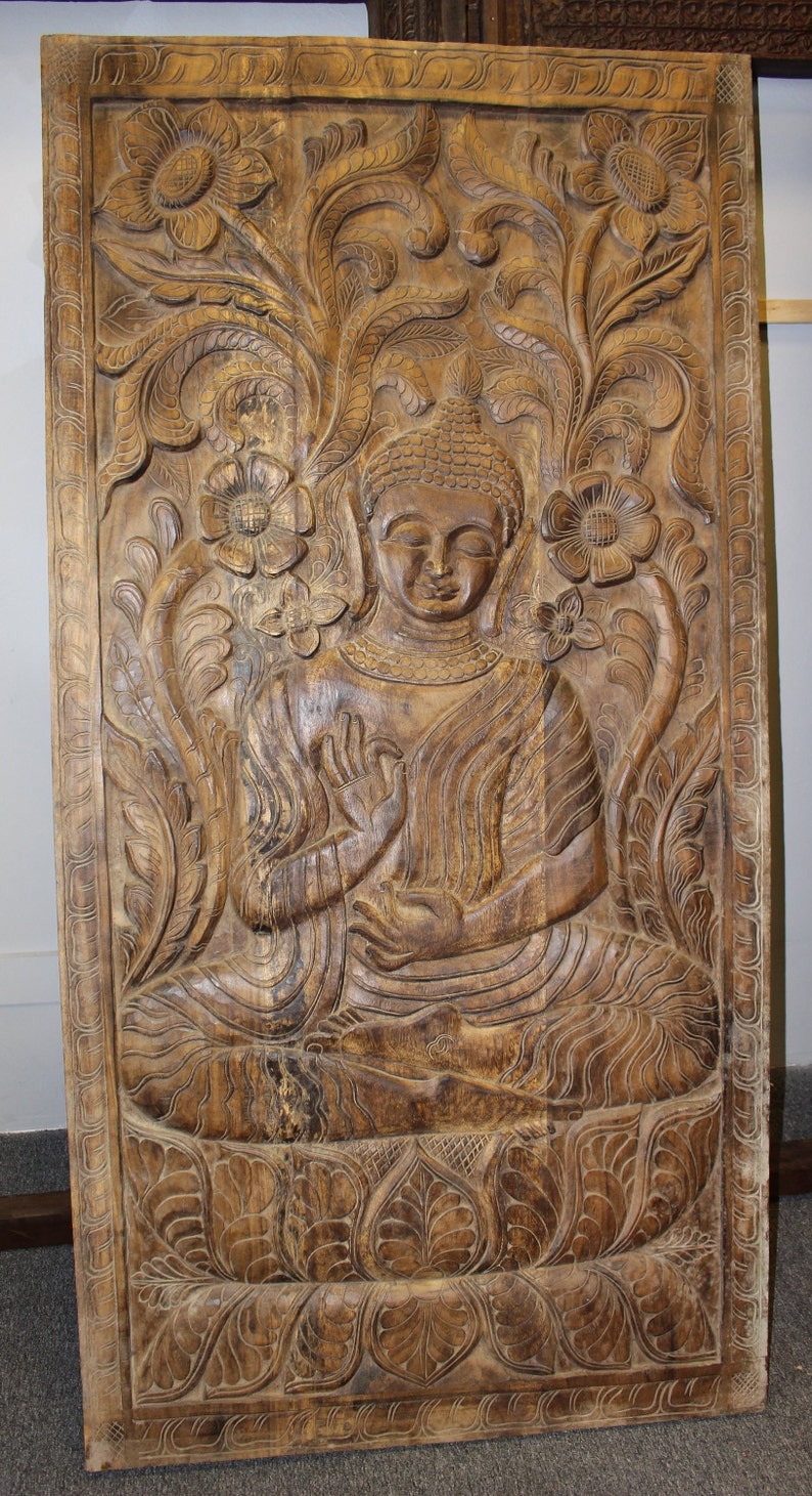 Vintage Abhaya Mudra Sitting Buddha Door Panel Hand Carved Image 0