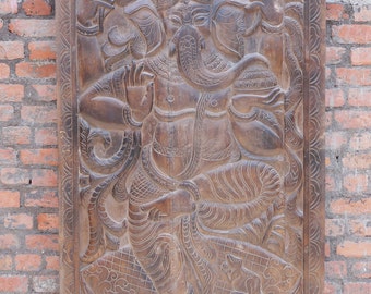 Vintage Ganesha Dancing on Lotus Carved Panel, Wall Sculpture, Artistic Hand-Carved Wall Decor, Yoga At Home, MINDFUL Decor 84x36