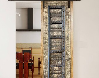 Antique Indian Door framed as Sliding Barn Door, Vintage Custom Barndoor, Vintage Door, Organic Wood, Bedroom, Office, Studio Door, 96x40