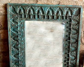 Antique Arch Mirror, Blue Carved Wood Arch Wall Mirror, JHAROKHA Arch Mirror, Farmhouse Rustic Eclectic Decor