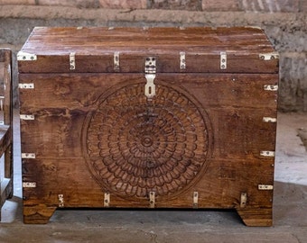 Antique Indian Hope Chest, Authentic Bridal Trunk, Mandala Carved Dowry Chest, Decorative Storage Chest, Indian Traditional Accent Trunk