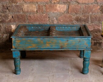 Antique Coffee Table, Hand Carved Haveli Window Repurpose Table, Blue Rustic Wood Chai Tables, Cocktail Table, Interior Design 43x36x22