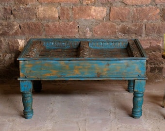 Antique Coffee Table, Hand Carved Haveli Window Repurpose Table, Blue Rustic Wood Chai Tables, Cocktail Table, Interior Design 43x36x22