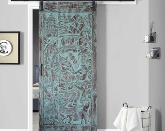 Turquoise Ganesha On Chariot Carved Door, Ganesh Barn Door, Vintage Indian Door, Wall Art, Yoga Studio Door, Partition Sliding Door 96