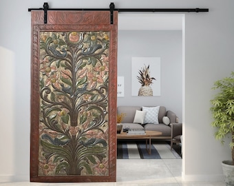 Tree of Life Holistic Barn Door Panel, India Carving Reclaimed Wood Vintage Door, Floral Carved Sculpture Kalpavriksha WALL Art 84x40