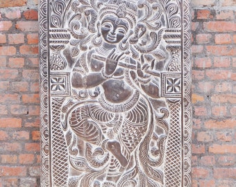 Vintage Krishna PLAYING FLUTE Wall Panel Barn Door,Wall Art,Hand Carved Wall Sculpture Krishna Carving Door PANEL 84x36