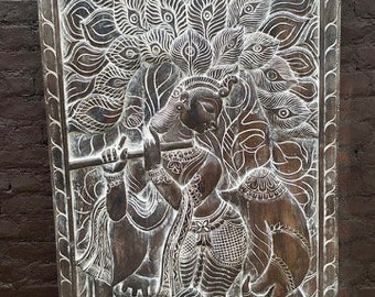 Vintage Fluting Krishna with Cow, Wall Sculpture, Artistic Carved Wood Decor, Custom Barn Door