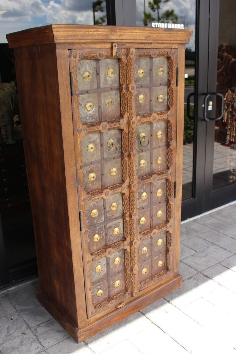 Antique Armoire Rustic Primitive Iron Cladded Storage Cabinet Etsy