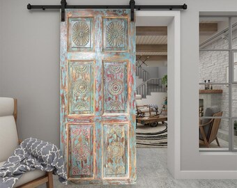 Ornate Indian Door, Blue Sunrays, Sliding Door, Barn Door, Holistic Wall Art, Indian Door, Architectural, Yoga, Interior Design, 80x36